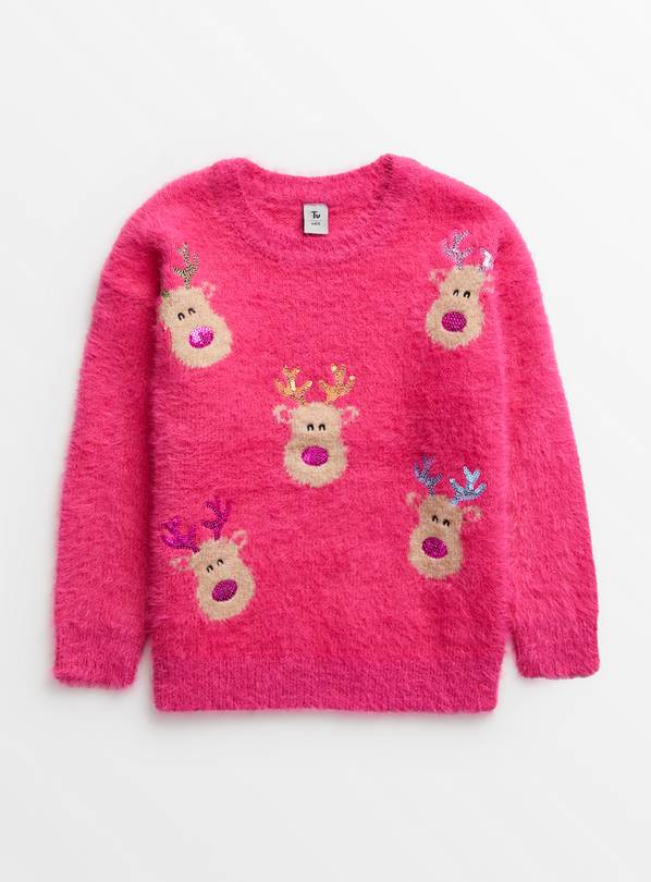 Pink Fluffy Reindeer Jumper 7 years